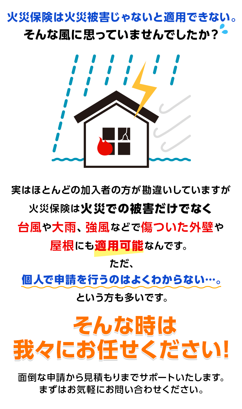 火災保険は火災被害じゃないと適用できない。そんな風に思っていませんでしたか？実はほとんどの加入者の方が勘違いしていますが火災保険は火災での被害だけでなく台風や大雨、強風などで傷ついた外壁や屋根にも適用可能なんです。ただ、個人で申請を行うのはよくわからない…。という方も多いです。そんな時は我々にお任せください！